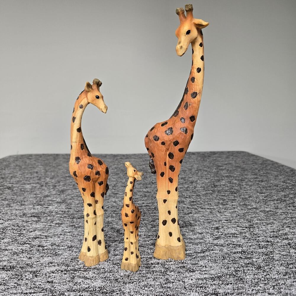 Polyresin Giraffe Family Figures Dad 15" Mom 11.5" Baby 6.5" Tan-Brown Black